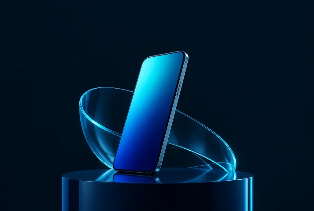 Ilustración: un teléfono sobre una base azul con una cinta de cristal.