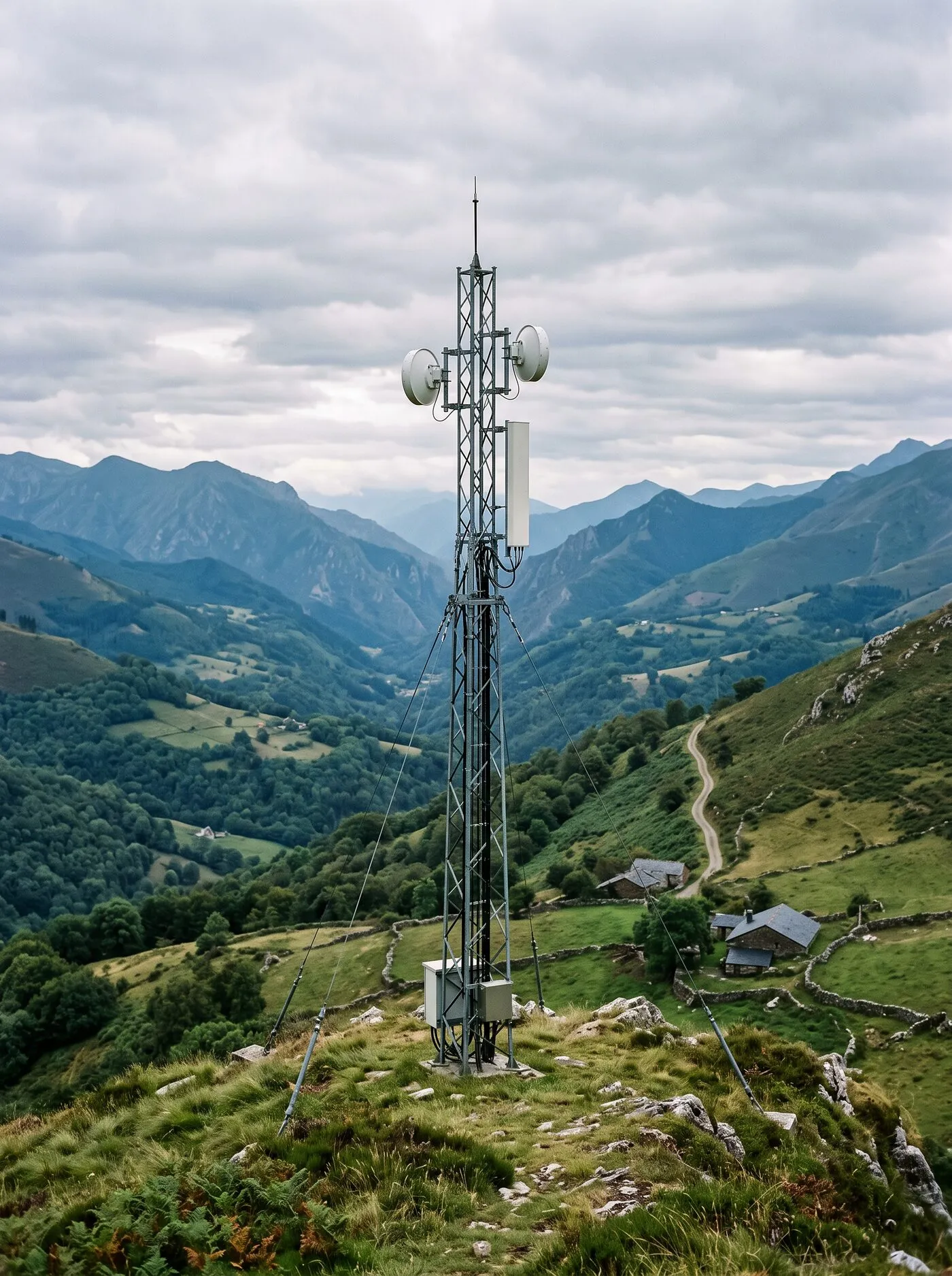 Ilustración: una torre de radioenlace sobre una loma verde, con valles, caserías de piedra y cordales al fondo.