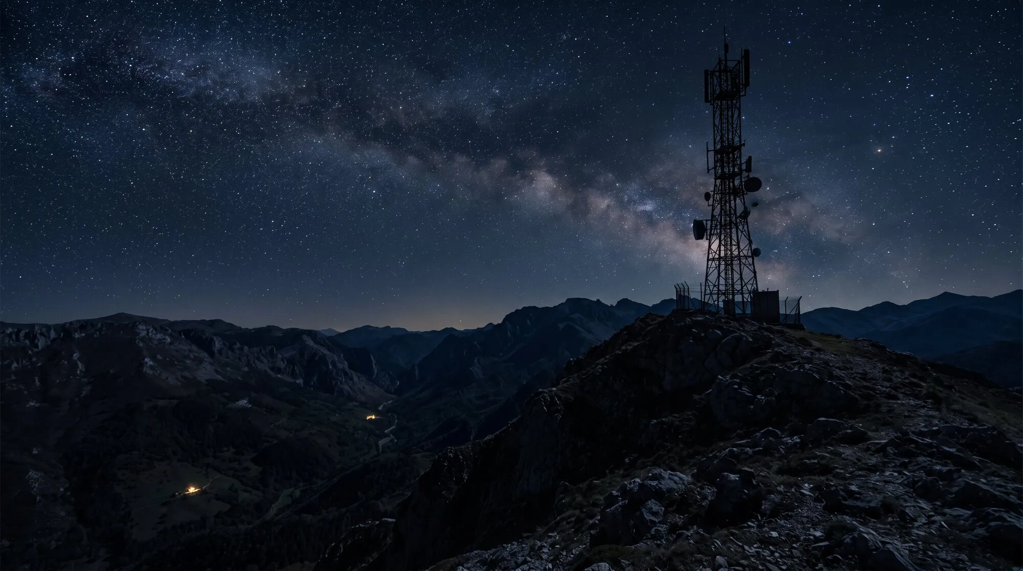 Ilustración: una torre de telecomunicaciones bajo un cielo estrellado.