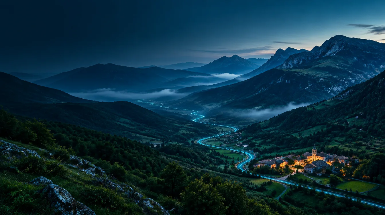 Ilustración: un valle del norte de España al anochecer, conectado por un sendero de luz cian.